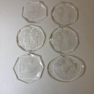 Hallmark Lot of 6 1980's Clear Acrylic Plastic Etched Norman Rockwell Ornaments